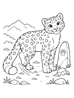 Free printable Cute Snow Leopard Marking Mountain Territory coloring page