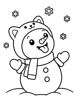 A cheerful snowman coloring page featuring a happy snowman catching snowflakes on its tongue.