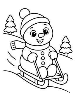 A cute snowman coloring page showing a happy snowman riding a sled down a snowy hill.