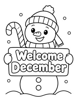Free printable Cute Snowman Welcome December Sign coloring page