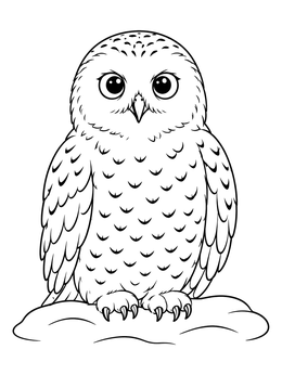 A cute snowy owl coloring page sitting perched on a small snowy mound.