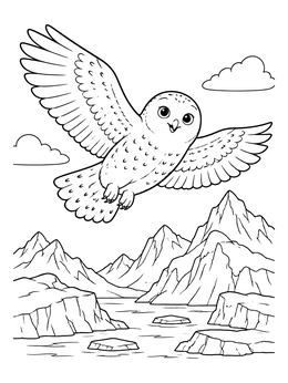 Free printable Cute Snowy Owl Soaring Over Mountains coloring page