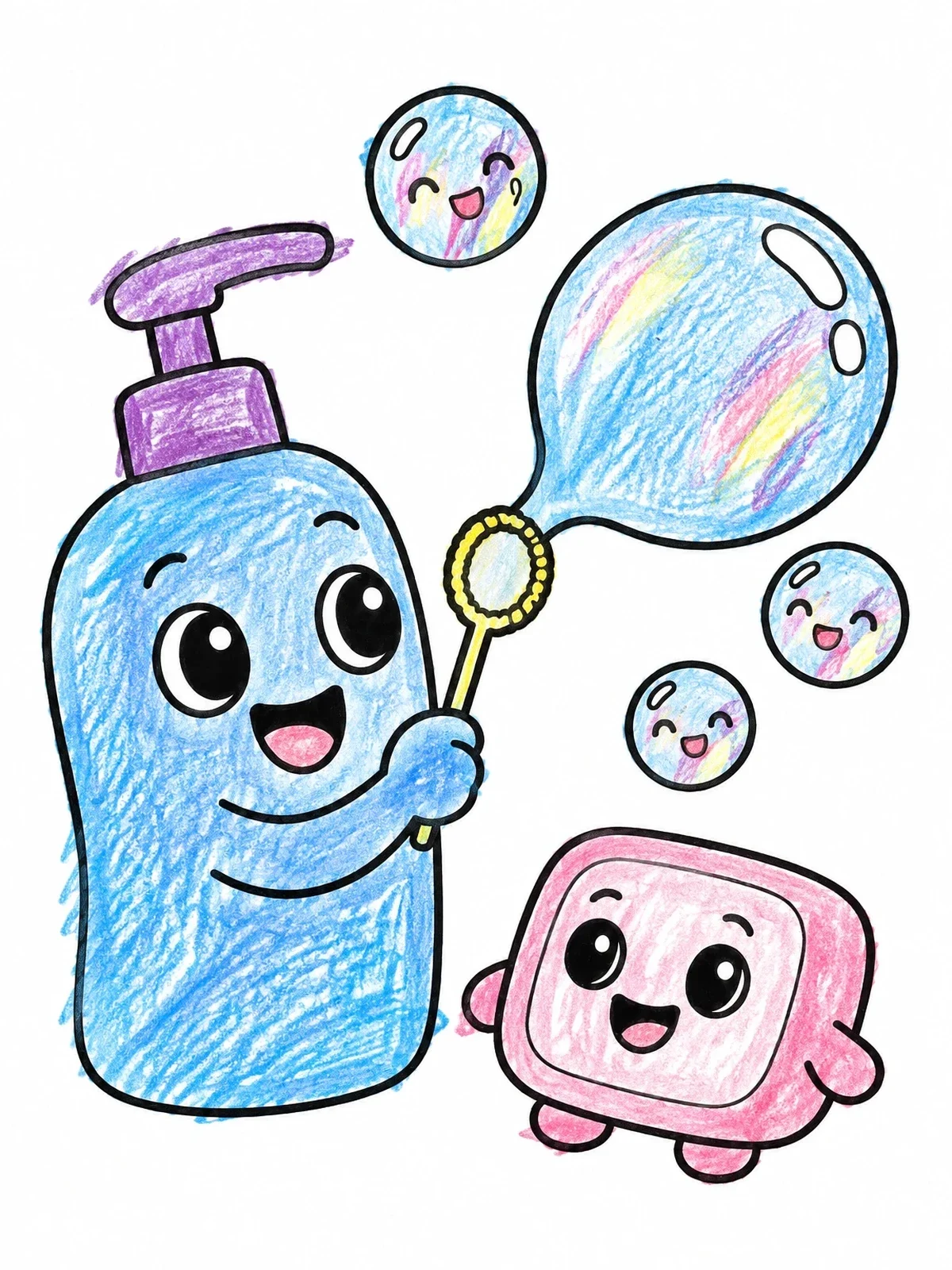 Colored example of the Cute Soap Bottle Blowing Bubbles coloring page