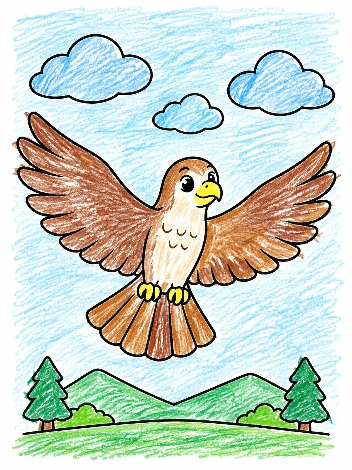 Colored example of the Cute Soaring Hawk Over Hills coloring page