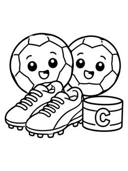 A cheerful soccer ball coloring page featuring two smiling balls, soccer cleats, and a captain armband.