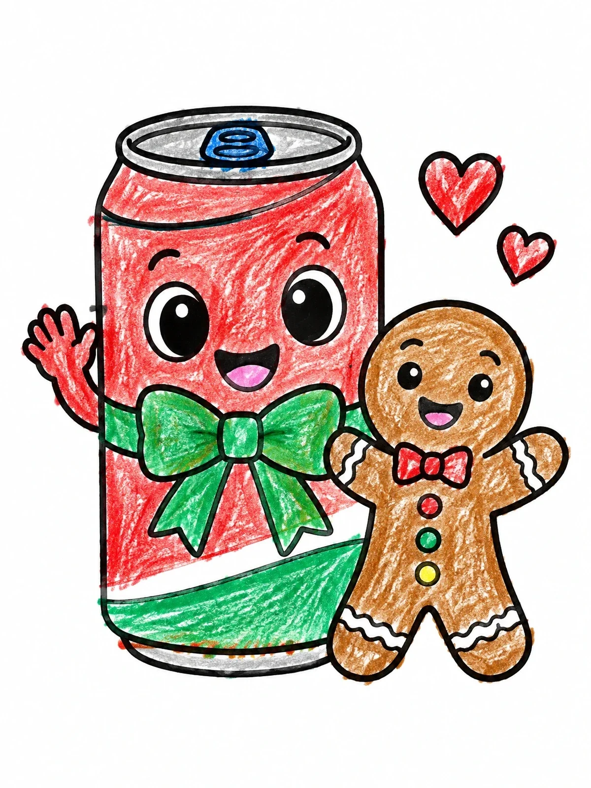 Colored example of the Cute Soda Can And Gingerbread Man coloring page