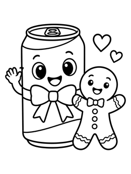 A cheerful gingerbread man beside a soda coloring page with a cute soda can wearing a bow.