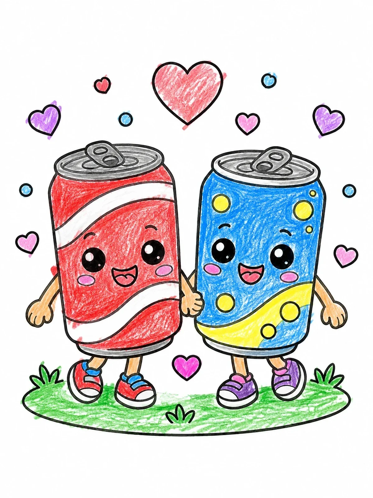 Colored example of the Cute Soda Cans Holding Hands coloring page
