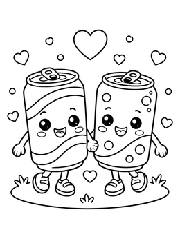 Free printable Cute Soda Cans Holding Hands coloring page