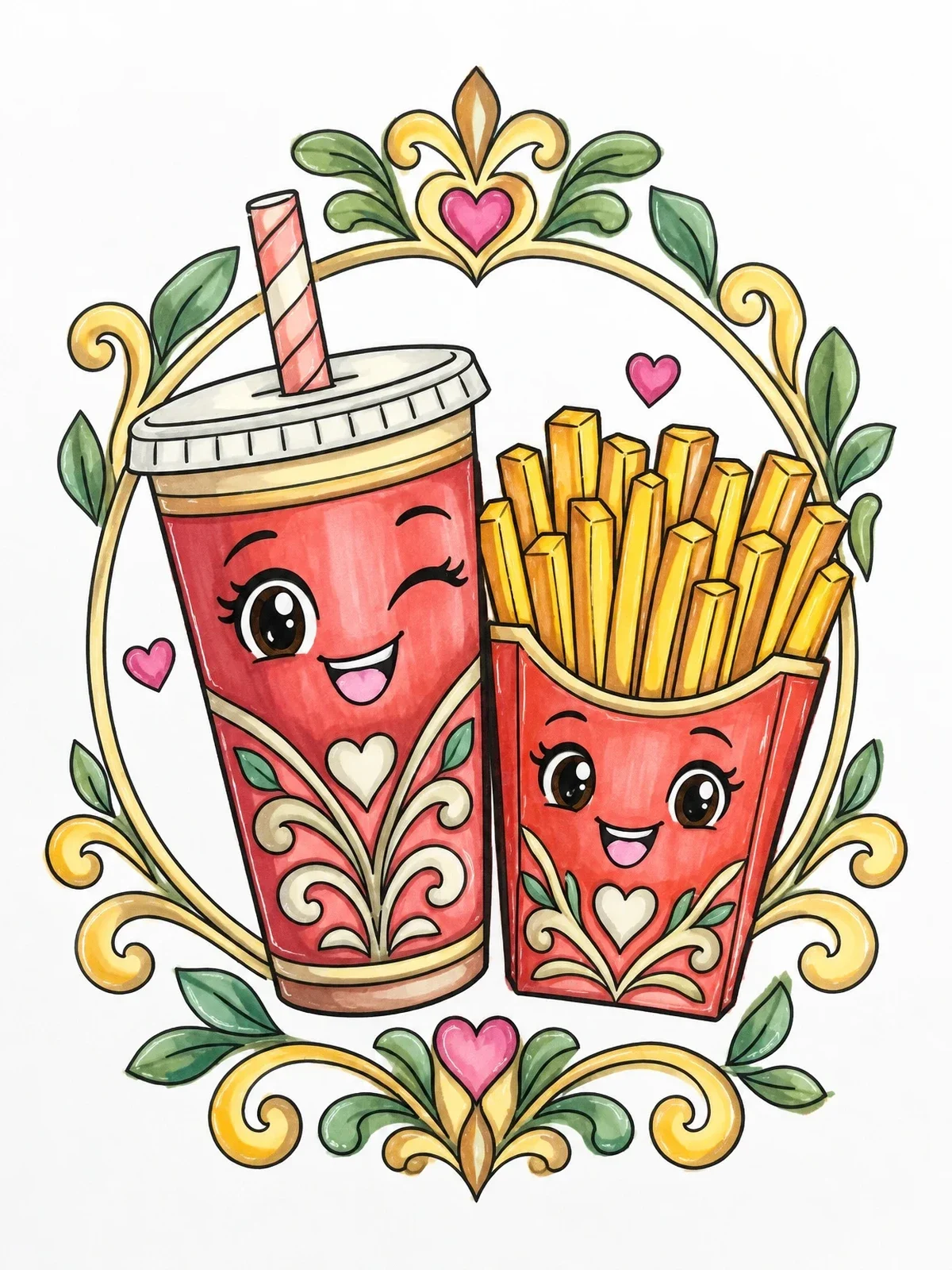 Colored example of the Cute Soda Cup And French Fries coloring page
