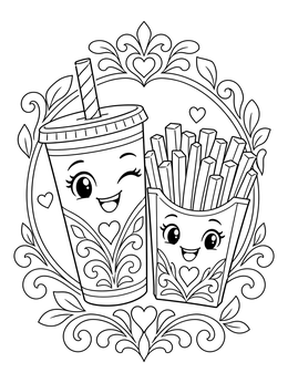 A cheerful fast food duo on this cute soda coloring page surrounded by flourishes.