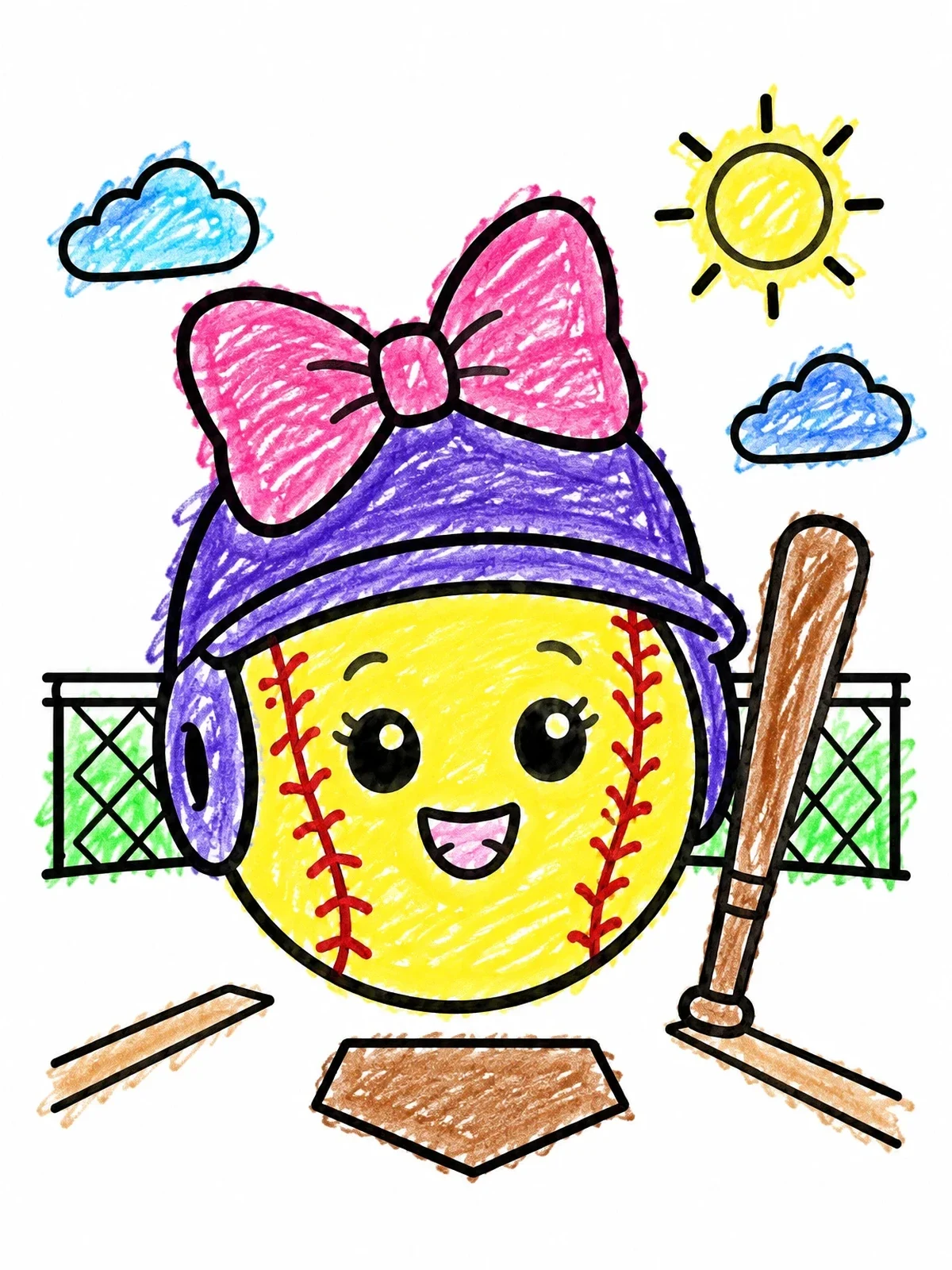 Colored example of the Cute Softball Wearing Helmet And Bow coloring page