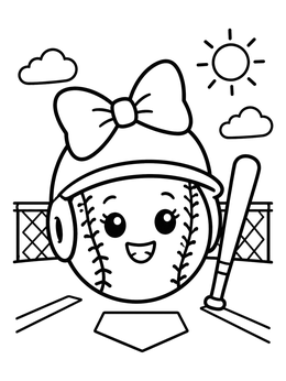 Free printable Cute Softball Wearing Helmet And Bow coloring page