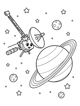 A cute space probe flies near a ringed planet on this friendly uranus coloring page.