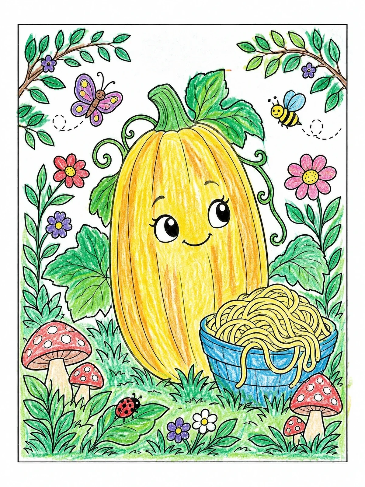 Colored example of the Cute Spaghetti Squash In The Garden coloring page