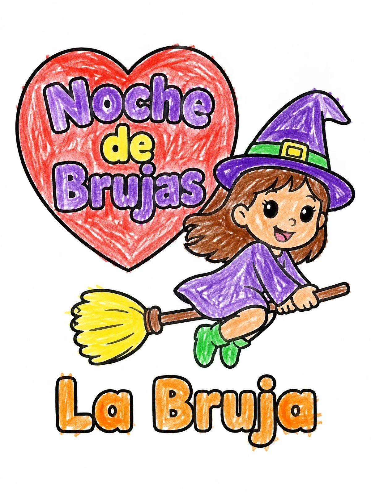Colored example of the Cute Witch Flying On A Broom coloring page