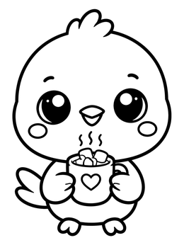 A sparrow coloring page showing a cute little bird holding a mug of hot cocoa.
