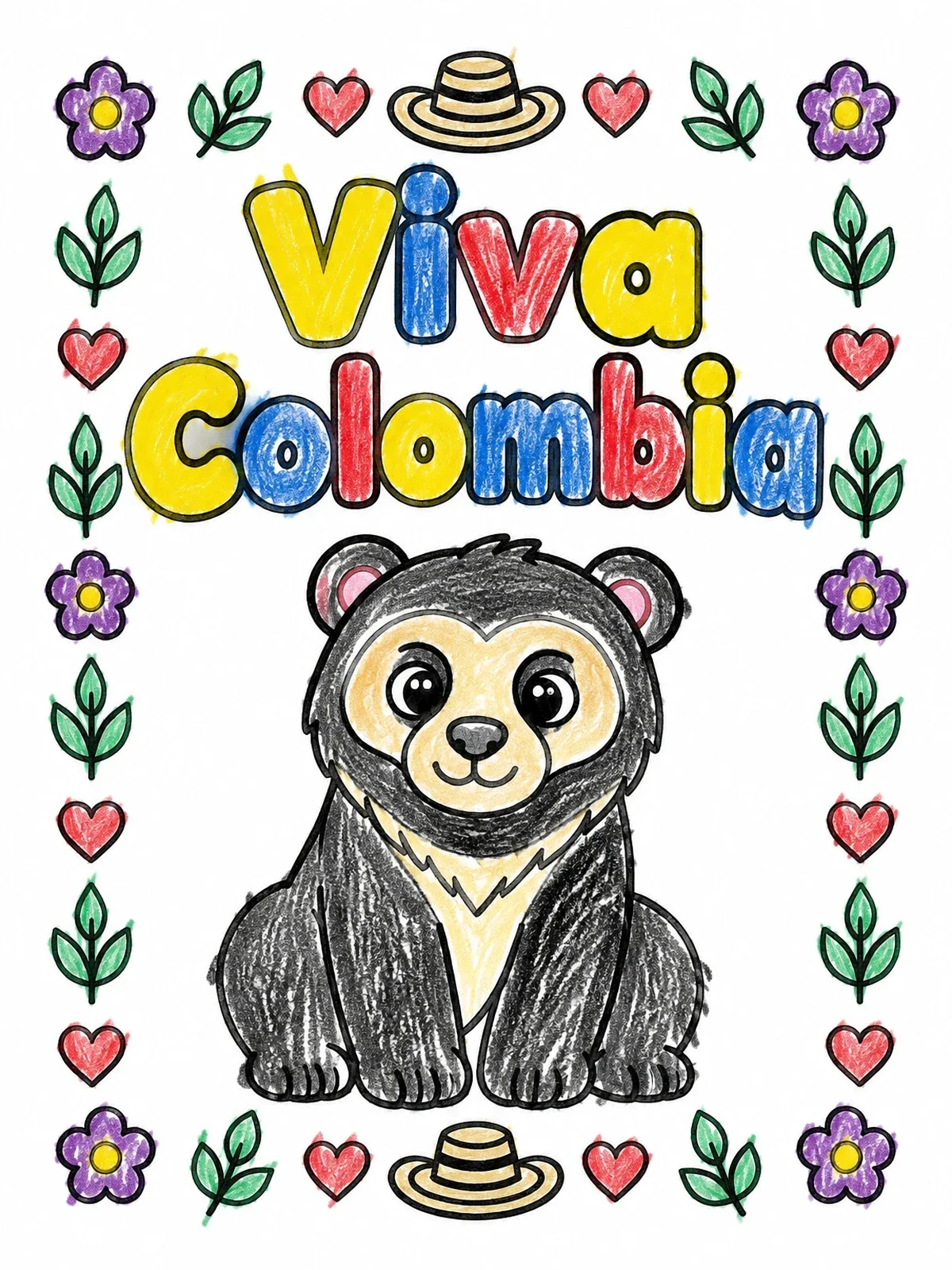 Colored example of the Cute Spectacled Bear Viva Colombia coloring page