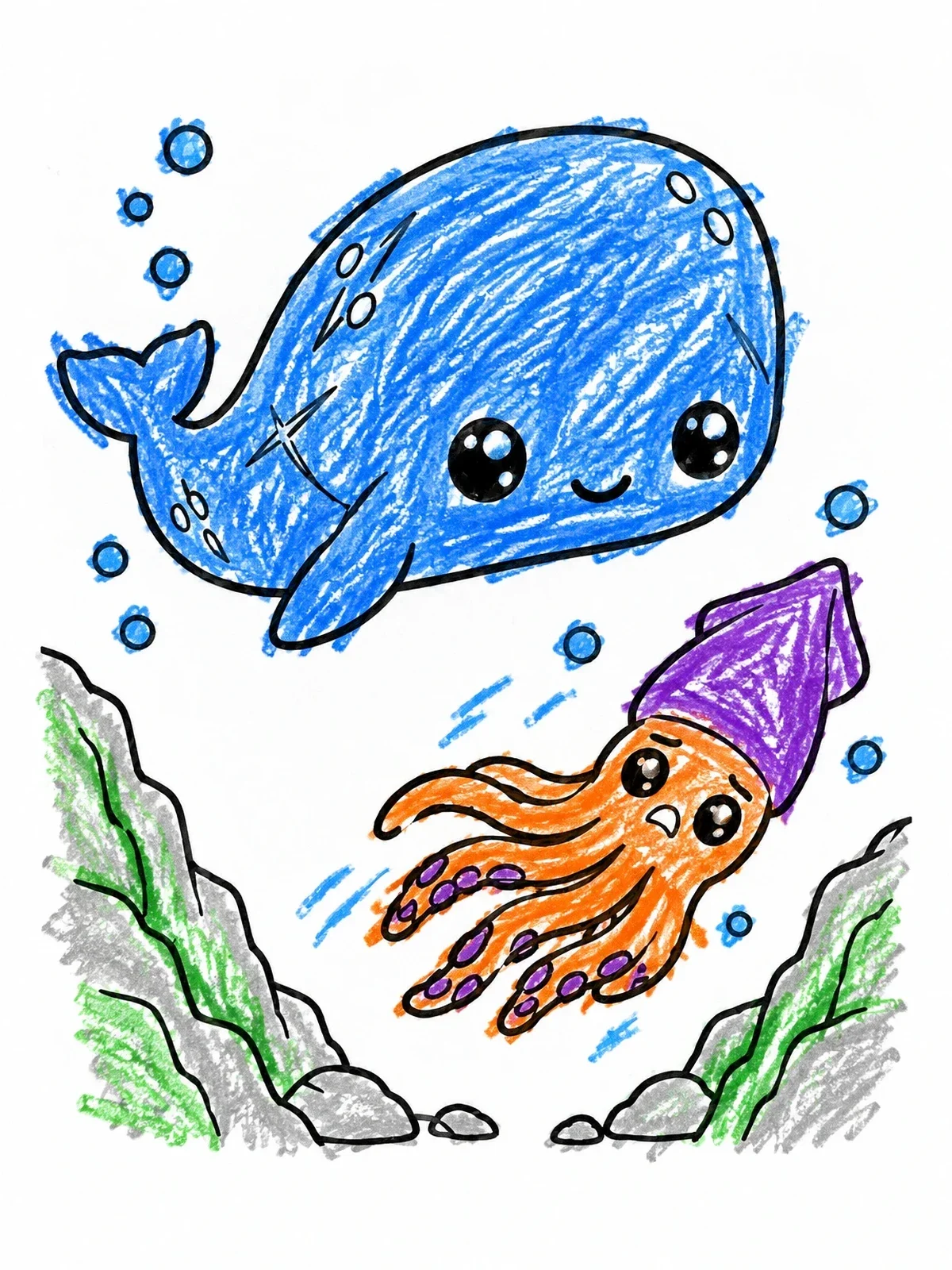 Colored example of the Cute Whale And Squid Underwater coloring page