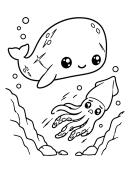 Free printable Cute Whale And Squid Underwater coloring page