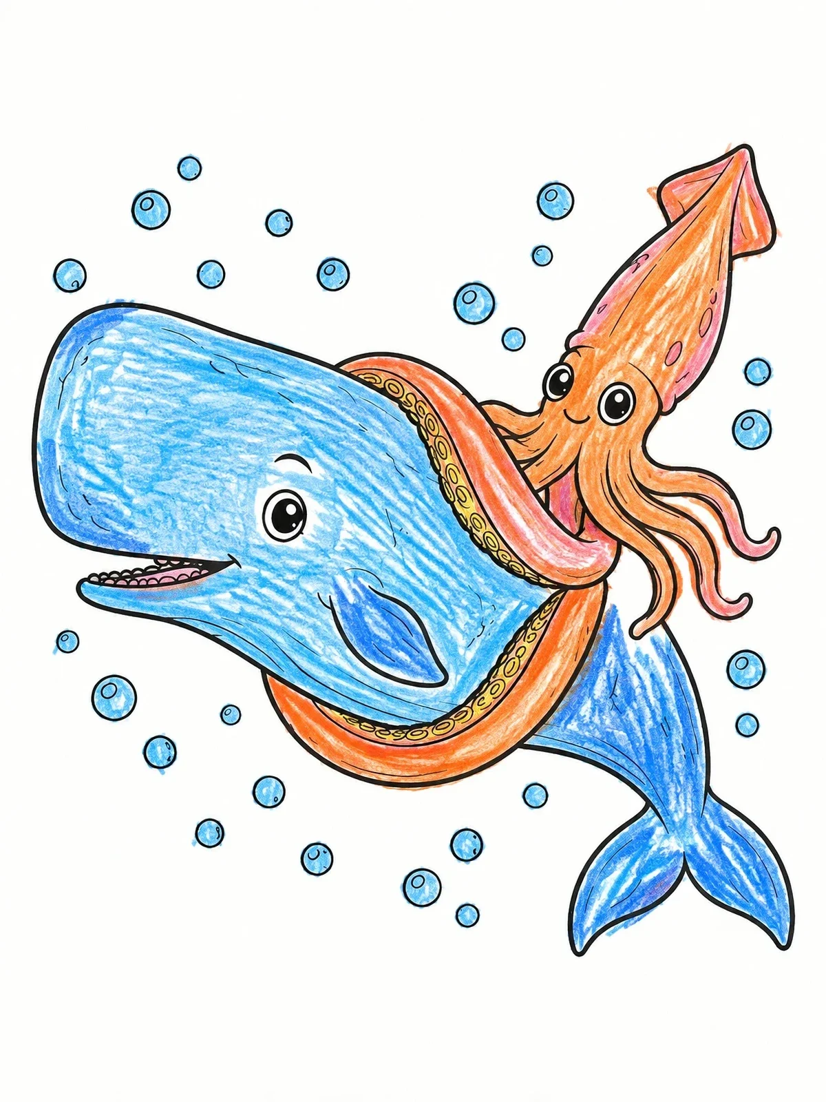 Colored example of the Friendly Sperm Whale And Giant Squid coloring page