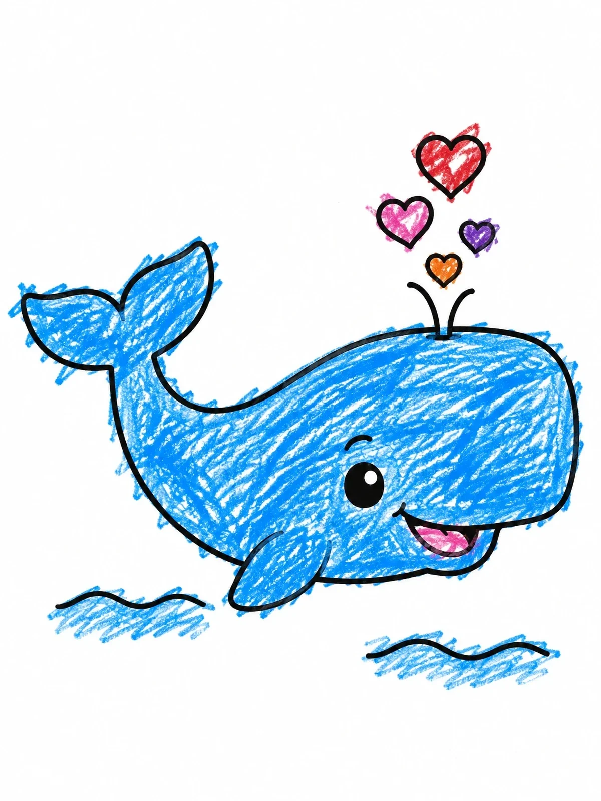 Colored example of the Cute Whale Spouting Heart Bubbles coloring page