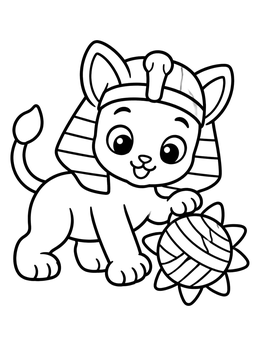A playful sphinx cub with a pharaoh headdress plays with a toy in this sphinx coloring page.