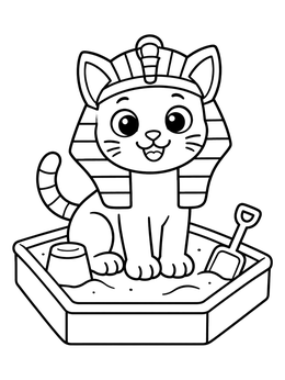 A cute sphinx coloring page showing a playful kitten with a pharaoh headdress in a sandbox.