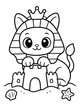 A cute sphinx coloring page showing a friendly cartoon lion with a crown beside a sandcastle.