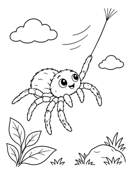 A cheerful cartoon spider coloring page floating upwards by holding a silk thread in the wind.