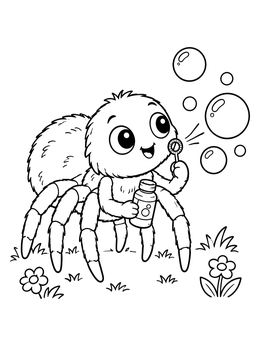 A friendly spider coloring page showing a fuzzy spider happily blowing soap bubbles outside.