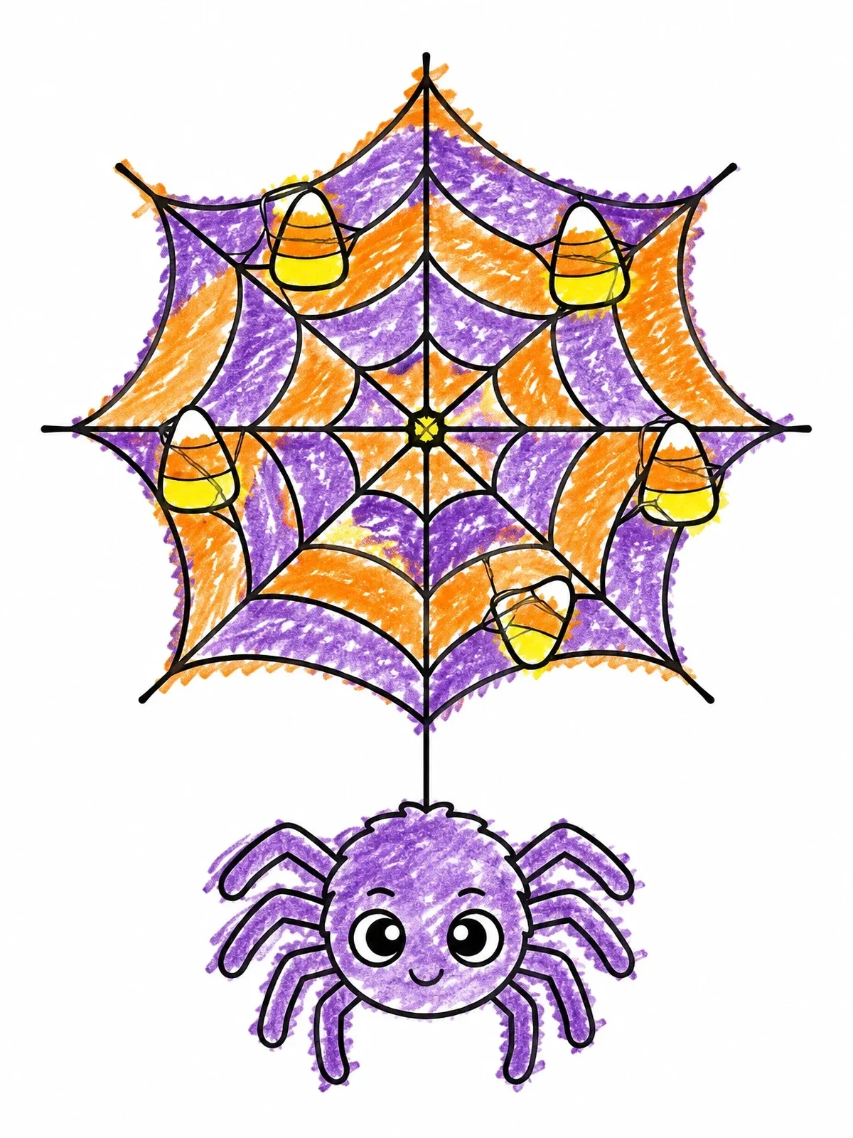 Colored example of the Cute Spider With Candy Corn Web coloring page