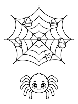 A candy corn coloring page featuring a cute smiling spider hanging beneath its treat-filled web.