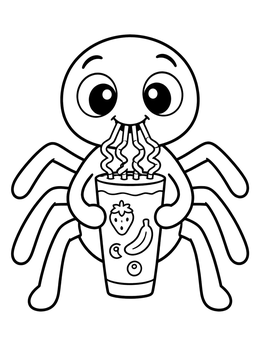 A cute spider coloring page showing a friendly cartoon bug sipping a tall fruit smoothie with four curly straws.