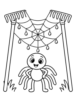 A friendly spider coloring page with a dewy web stretched between garden rakes.