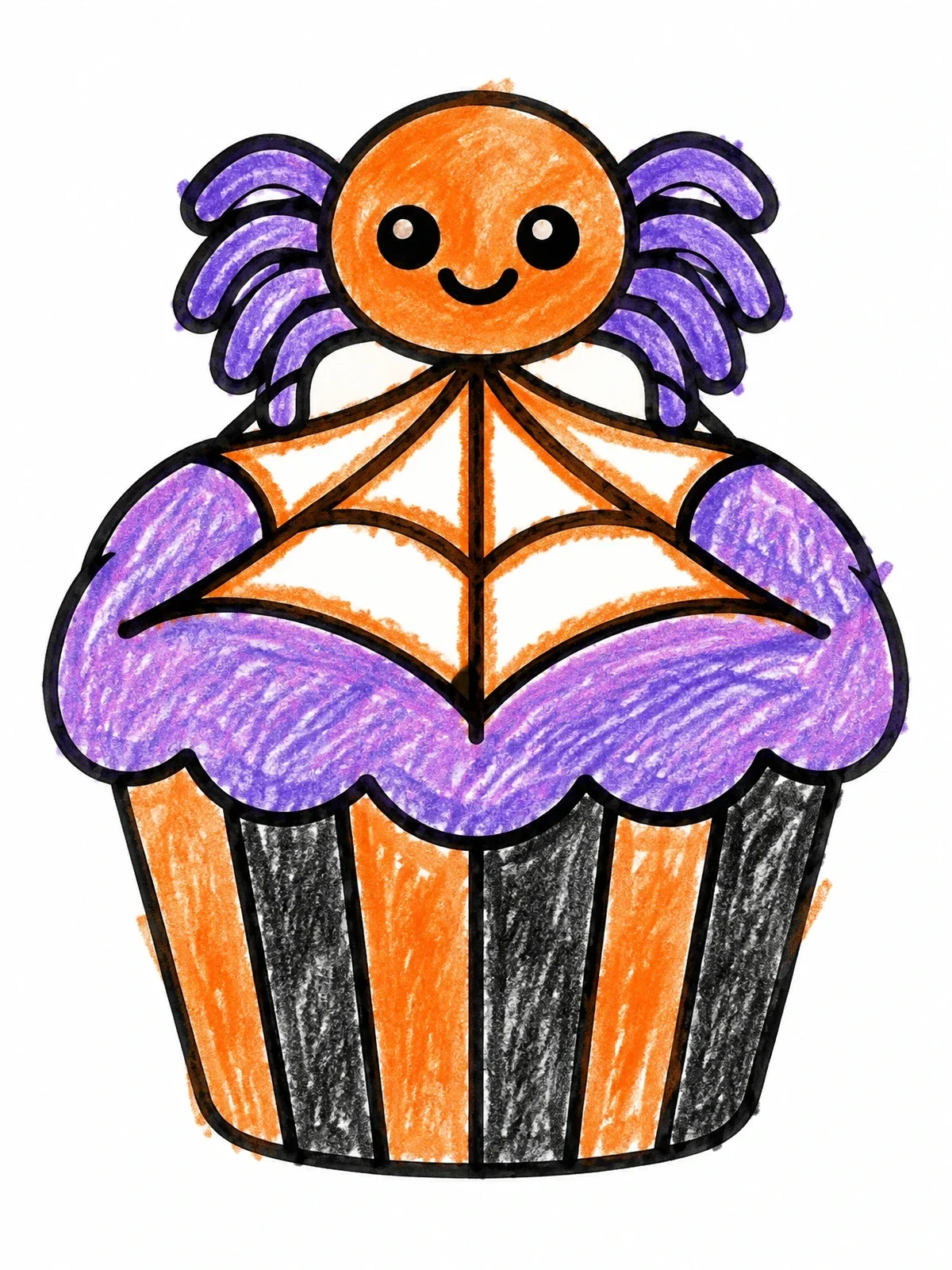 Colored example of the Cute Spider Halloween Cupcake coloring page