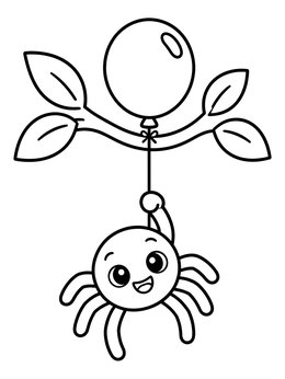 A cheerful cartoon spider coloring page holding a balloon tied to a branch.