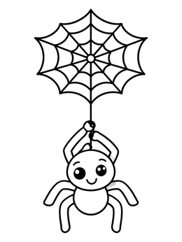 A cute cartoon spider coloring page dangling below a symmetrical web.