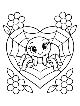 A cute spider coloring page featuring a heart web and cheerful flowers.