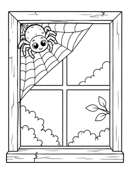Spider coloring page featuring a cute spider sitting on a triangular web in a wooden window pane.