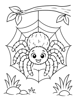 A cute smiling spider coloring page sitting on a web hanging from a leafy tree branch.