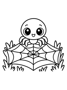 A friendly spider coloring page with a web set in the grass.