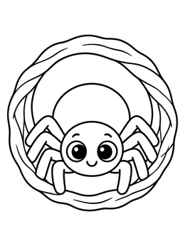 A friendly spider coloring page showing a cute arachnid peeking out of its circular burrow.