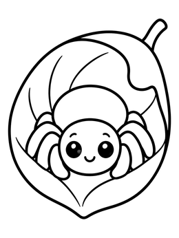 A cute spider coloring page featuring an adorable little arachnid curled comfortably inside a leaf.