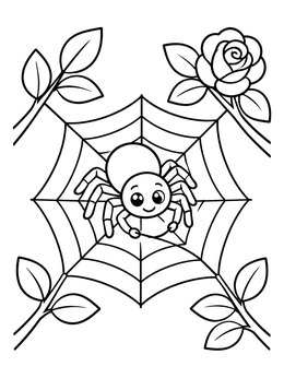 Free printable Cute Spider On Rose Bush Web coloring page