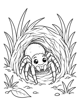 A spider coloring page showing a friendly spider peeking from its cozy grass tunnel.