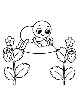 A cute spider coloring page showing a cartoon spider spinning a web between two strawberry plants.