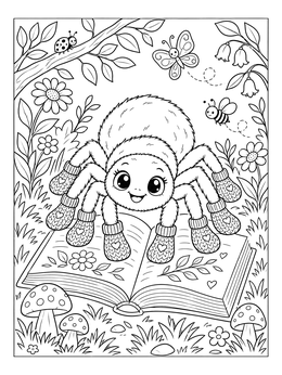 A sweet spider coloring page showing a smiling spider wearing patterned booties on an open storybook.