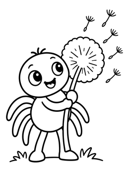 A cheerful cartoon spider holding a dandelion on this spider coloring page.