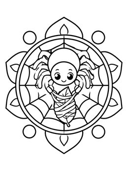 A cute spider coloring page featuring a spider wrapping a leaf in silk inside a round web.